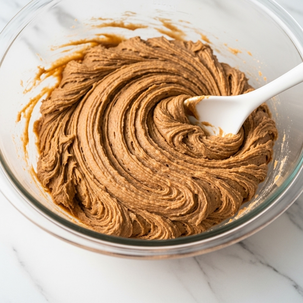 A close-up view of a glass bowl filled with smooth brown dough being mixed with a white spoon. The dough has a thick, soft texture and takes up most of the bowl with visible swirl marks from stirring. The bowl is placed on a white marbled surface. photo taken with an iphone --ar 4:5 --v 7