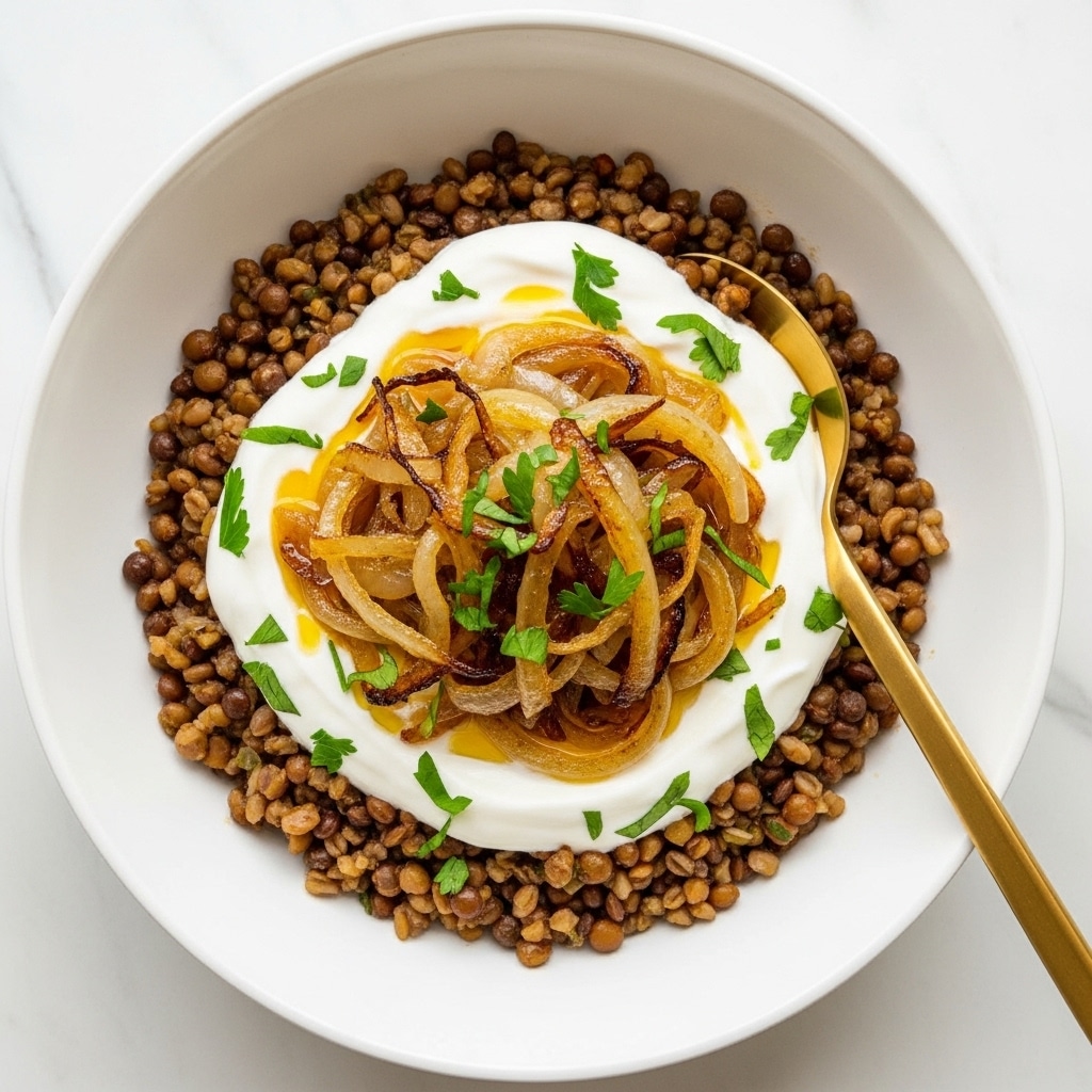 A white bowl filled with a base layer of mixed brown lentils and grains that have a slightly glossy texture, topped with a thick layer of creamy white yogurt. On top of the yogurt, there is a generous pile of golden brown caramelized onions with a soft, slightly oily look, sprinkled with small bits of fresh green chopped herbs. A gold spoon rests inside the bowl partially under the layers, and the bowl is placed on a white marbled surface. Photo taken with an iphone --ar 4:5 --v 7