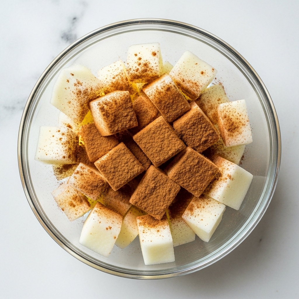 A clear glass bowl filled with small white apple pieces, sprinkled evenly with brown cinnamon powder on top. The bowl is placed on a white marbled surface. The apple pieces have a soft texture with a slight shine, and the cinnamon adds a fine grainy layer that contrasts with the pale apple cubes. The image is bright with natural light showing the details clearly photo taken with an iphone --ar 4:5 --v 7