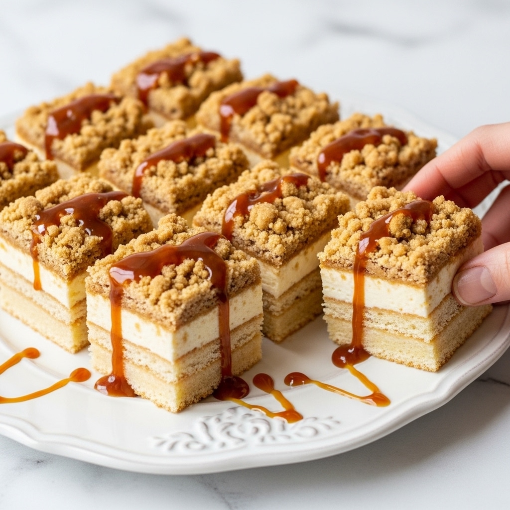 The image shows nine square pieces of a crumb-topped dessert arranged closely on a white plate with decorative edges. Each piece has three layers: the bottom layer is a pale, soft cake; the middle layer is smooth and light in color; the top layer is a crumbly, golden-brown streusel with small bits of nuts. A shiny caramel sauce is drizzled unevenly over the top, adding a glossy texture and rich amber color, with some caramel drops visible on the plate. The dessert sits on a white marbled surface, and a woman's hand is gently holding one corner piece. Photo taken with an iphone --ar 4:5 --v 7