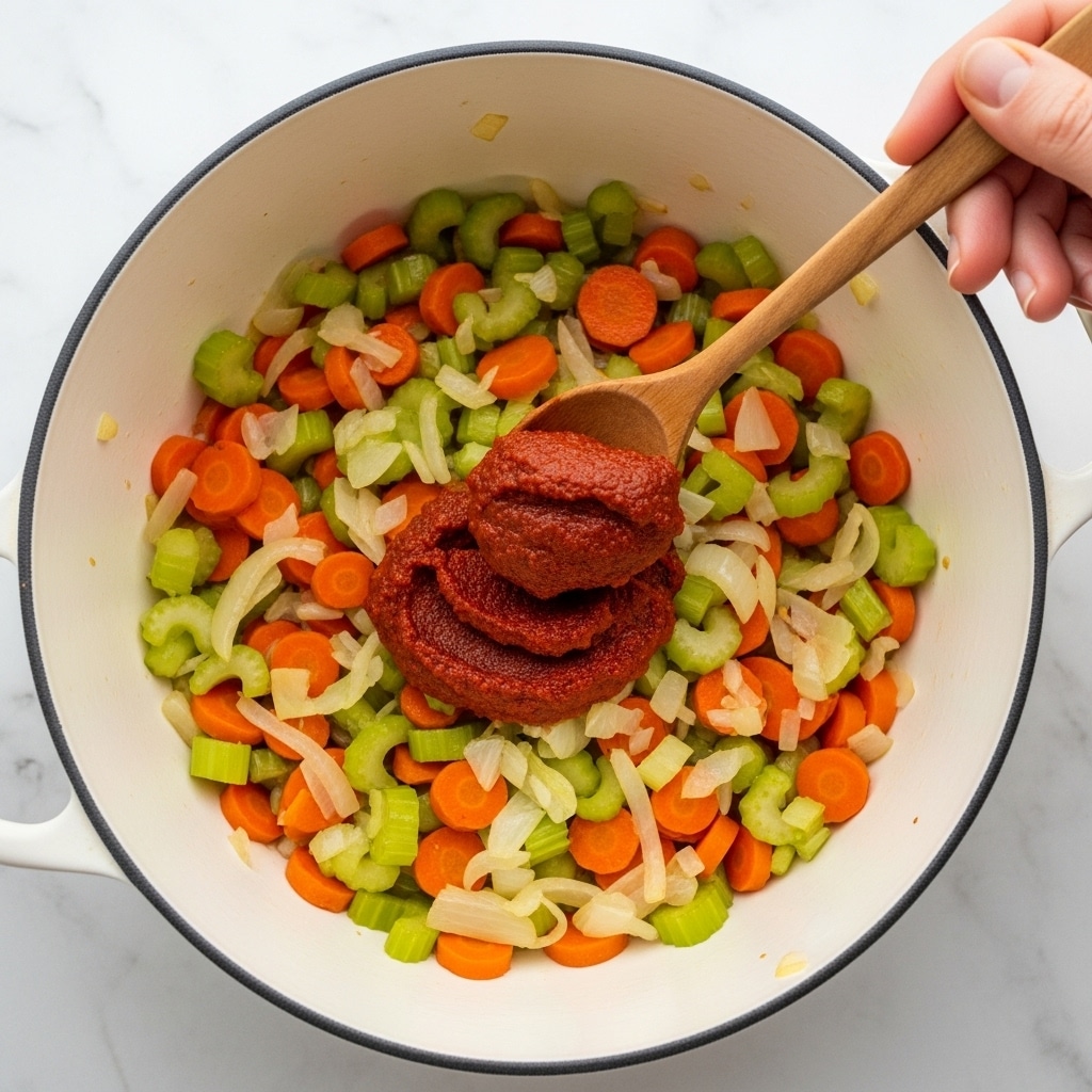 A white pot contains a mix of cooked small carrot slices, celery pieces, and light yellow chopped onions on the bottom. On top of these vegetables, there is a small spoonful of thick red paste being moved by a wooden spoon, held by a woman's hand. The scene is set on a white marbled surface. photo taken with an iphone --ar 4:5 --v 7