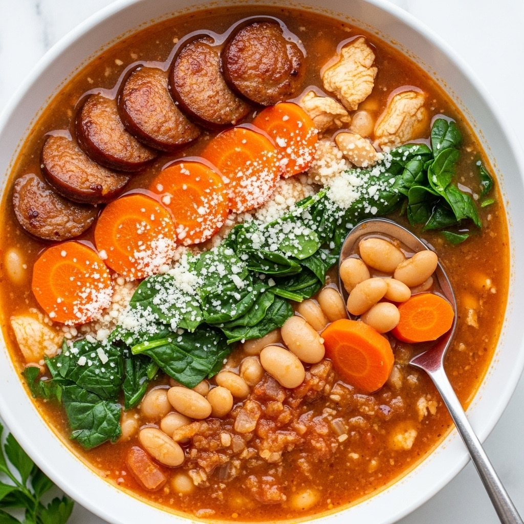 A white bowl filled with a thick soup showing three main layers: a reddish-brown broth base with a slightly chunky texture, mixed with visible pieces of white beans scattered throughout; on top, several slices of browned sausage and cooked chicken pieces are spread evenly; bright orange carrot rounds and dark green spinach leaves add color and texture, while a sprinkling of finely grated white cheese covers the surface. A silver spoon with a sleek handle is partially dipped into the bowl on the right side, holding a mix of sausage, carrot, beans, and broth. The bowl is set on a white marbled surface with some green parsley partially visible at the bottom left corner. The scene is bright and fresh, photo taken with an iphone --ar 4:5 --v 7