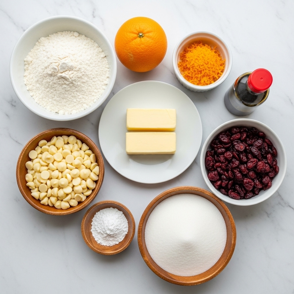 The image shows a white marbled surface with seven bowls and plates arranged in a scattered circle. At the top left, there is a white bowl full of white flour with a powdery texture. To the right of it, there is a whole orange fruit and next to it a small white bowl filled with bright orange grated zest. In the center, there is a white plate with three rectangular pieces of light yellow butter placed side by side. Below the butter on the left side, a wooden bowl holds a pile of creamy white chocolate chips with a smooth texture. Next to it on the right, a white bowl is filled with shiny, dark red dried cranberries. Further right, there is a small bottle with dark liquid and a bright red cap. At the bottom left corner, a small wooden bowl contains a white powder, likely baking powder or salt. At the bottom right, a larger wooden bowl holds white granulated sugar. photo taken with an iphone --ar 4:5 --v 7
