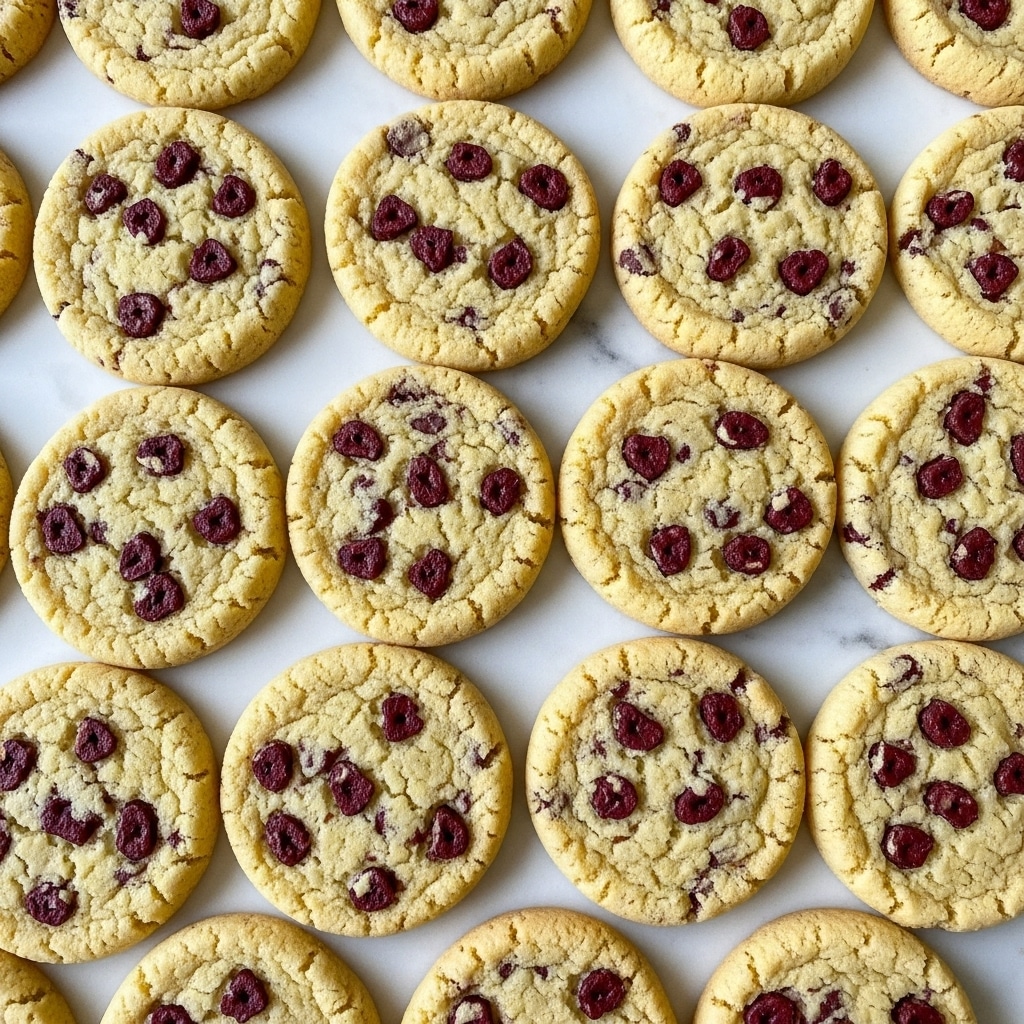 The image shows many round, flat cookies placed closely together on a white marbled surface. Each cookie has a light golden-yellow base with small pieces of dark red and brown scattered evenly inside, giving a speckled look. The edges of the cookies are slightly rough and uneven, and the texture appears soft and crumbly. The cookies are uniformly arranged in rows, showing a simple and neat presentation. photo taken with an iphone --ar 4:5 --v 7