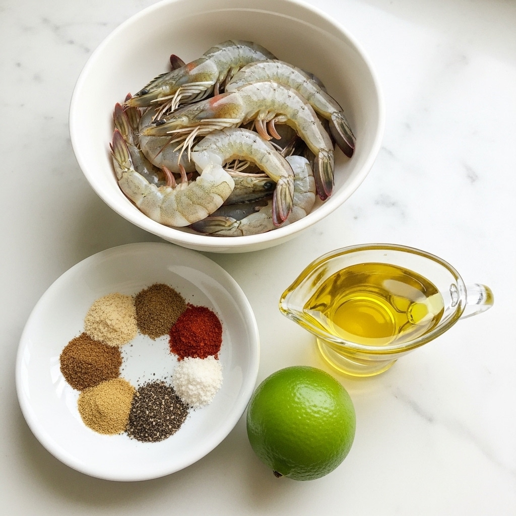 The image shows four white dishes arranged on a white marbled surface. In the largest white bowl, there is a layer of raw shrimp with a pale gray and white color, some with tails attached. Below and to the left, a smaller white bowl contains several spices arranged in small separate piles, in colors of light beige, dark red, brown, black, and white, all dry and powdery in texture. To the right of the spice bowl, there is a clear glass small pitcher filled with golden yellow oil, with a shiny and smooth surface. In front of the pitcher, a single whole lime with bright green, slightly glossy skin is placed. photo taken with an iphone --ar 4:5 --v 7