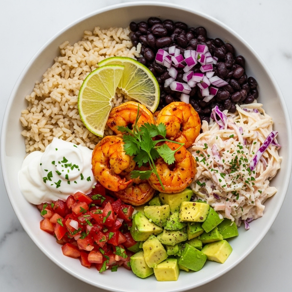 A white bowl filled with layers of food starting with a base of light brown rice on the top left and black beans topped with small chopped purple onions on the top right. In the center are orange cooked shrimp garnished with green herbs and two thin lime slices on top. Below the shrimp are green avocado chunks, to the left of the avocado is white sour cream dollop on top of red diced tomatoes with herbs, and on the far right is a creamy mix of white and purple shredded cabbage sprinkled with herbs. The bowl is set on a white marbled surface photo taken with an iphone --ar 4:5 --v 7