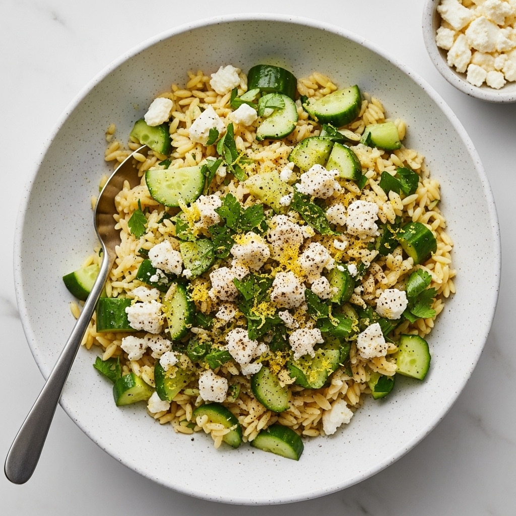 The dish is a salad served in a large white speckled bowl with a spoon inside. The base layer is small, pale yellow orzo pasta. Mixed throughout are bright green cucumber chunks, fresh chopped herbs, small white cubes, and crumbles of soft cheese, likely feta. A light sprinkle of black pepper and finely grated lemon zest adds clear texture and color contrast over the top. The bowl sits on a white marbled surface, with a small bowl of extra cheese nearby. Photo taken with an iphone --ar 4:5 --v 7