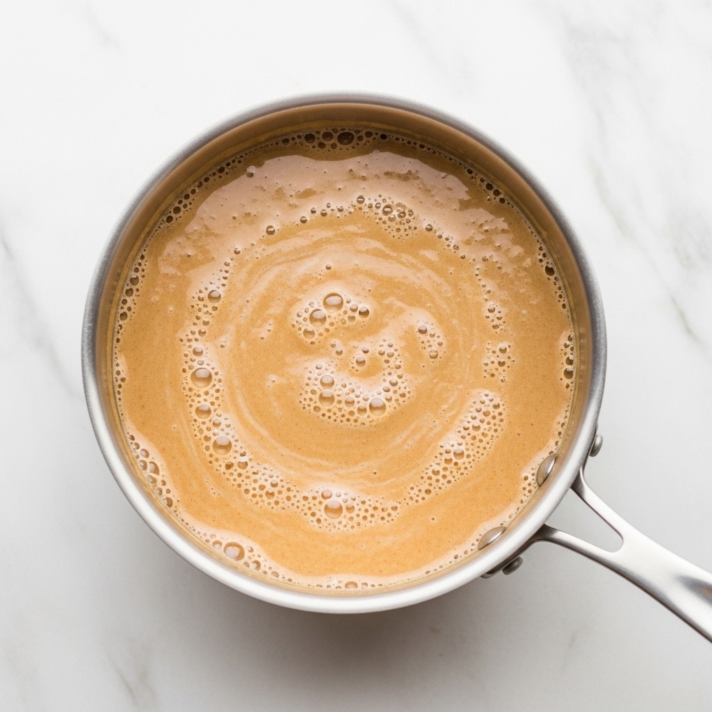 A stainless steel saucepan is filled with a smooth, light brown liquid that has small bubbles on its surface, giving it a frothy texture. The saucepan sits on a white marbled surface, and the light reflects slightly off the liquid’s surface, showing subtle swirls of a creamy consistency. The saucepan handle extends out to the right side, with two small openings near the handle base. Photo taken with an iphone --ar 4:5 --v 7
