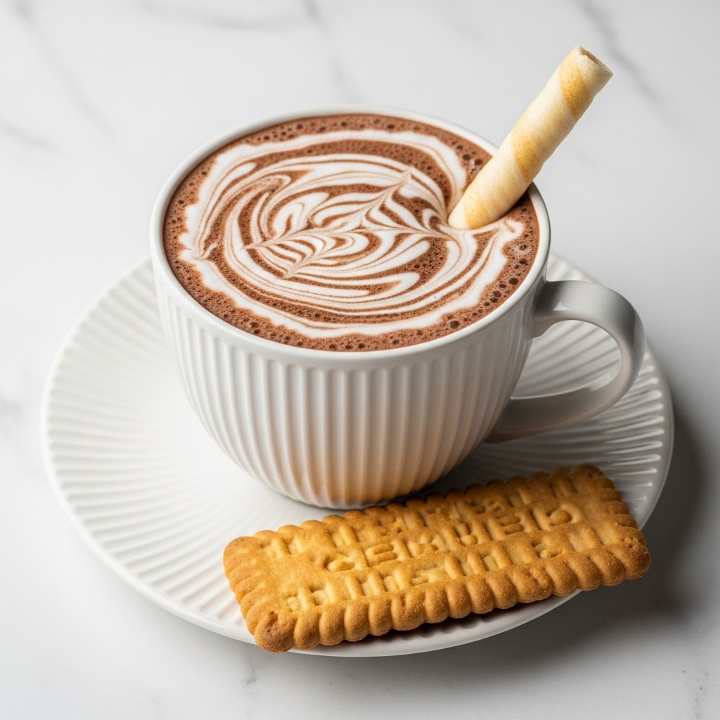 A close-up top view of a white cup filled with thick hot chocolate showing a swirled mix of dark brown chocolate and white cream on the surface, creating a marbled effect. A light beige biscuit stick with small dark spots is placed inside the cup on the right side. The cup sits on a white saucer with ridged patterns, all on a white marbled surface. Photo taken with an iphone --ar 4:5 --v 7