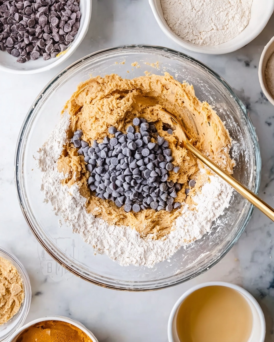 A clear glass bowl sits on a white marbled surface, filled with three main layers of ingredients: a thick, light brown dough-like layer in the middle, surrounded by a ring of white flour around the edges, topped with a pile of small dark gray chocolate chips mostly in the center. A gold spoon rests in the dough, partially covered by the ingredients. Around the bowl, smaller white bowls and containers hold more flour, chocolate chips, a light beige sauce or liquid in a small glass bowl, and a thicker golden-brown mixture. The scene looks like the middle of the baking process with ingredients ready to be mixed. photo taken with an iphone --ar 4:5 --v 7