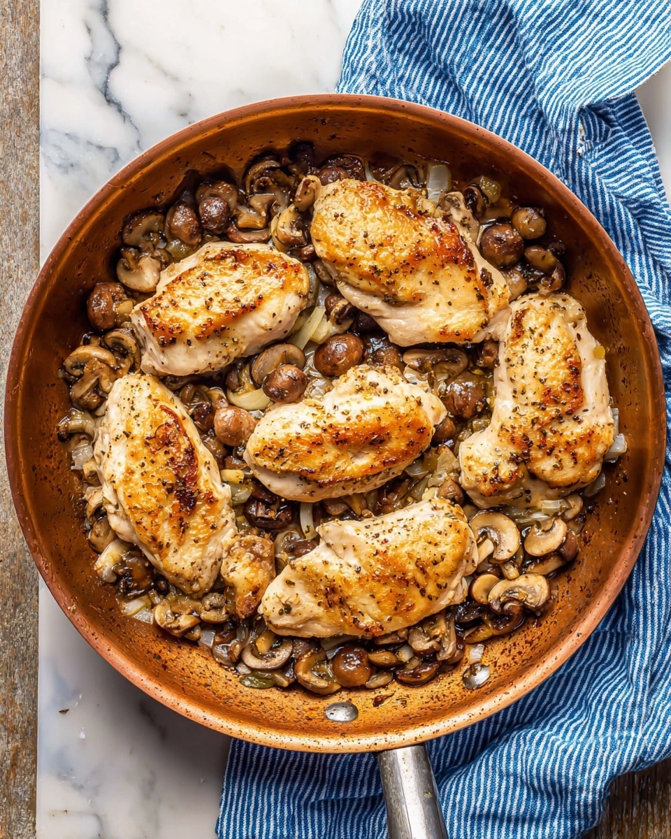 A round copper pan sits on a white marbled surface with a blue and white striped cloth nearby. Inside the pan, there are seven pieces of light brown cooked chicken arranged in a circle with some spaced out. Around and under the chicken, there is a layer of cooked mushrooms and small white onion pieces, both lightly browned. The chicken has a slightly shiny and grilled texture, with spots of golden color. photo taken with an iphone --ar 4:5 --v 7