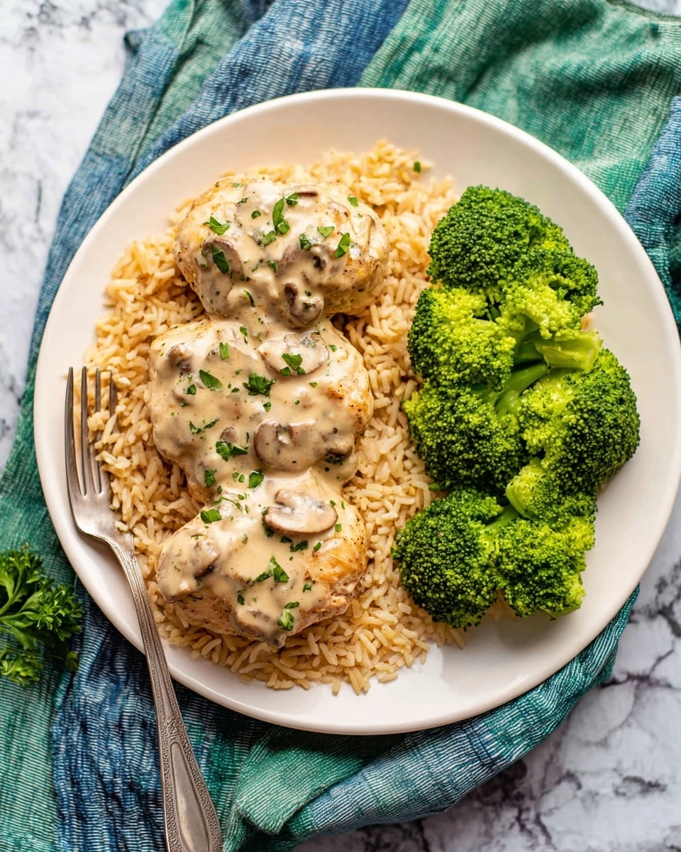 A white plate with three pieces of chicken covered in creamy light beige mushroom sauce sprinkled with small green herb bits, placed over a bed of golden-brown fluffy rice. On the right side of the plate, bright green broccoli florets are neatly arranged. A silver fork lies near the broccoli on the plate. The plate sits on a stack of folded green and blue cloth napkins on a white marbled surface. photo taken with an iphone --ar 4:5 --v 7