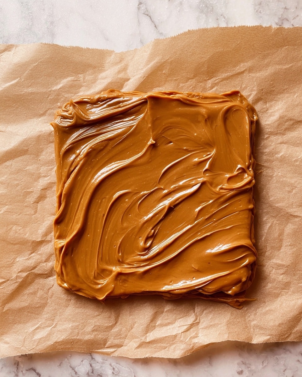 A smooth, thick layer of creamy caramel brown spread is evenly spread in a roughly square shape on a piece of crinkled light brown parchment paper. The spread has shiny, swirled, and slightly textured surfaces with some visible streaks and waves from spreading. The parchment paper lies flat on a surface with a white marbled texture, creating a clean contrasting background. photo taken with an iphone --ar 4:5 --v 7