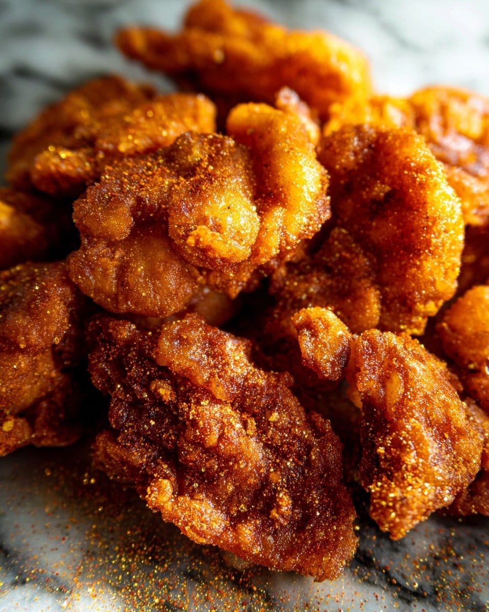 The image shows a close-up of a pile of crispy fried pieces with a golden brown, crunchy texture. Each piece has a rough, crinkly surface with dark orange and brown shades highlighting the fried coating. The pieces are placed on a surface with a white marbled texture, with a light dusting of fine reddish seasoning scattered lightly over the top, enhancing the rich, warm tones of the fried food. The lighting creates shiny spots that show the crispiness and texture variations clearly. photo taken with an iphone --ar 4:5 --v 7