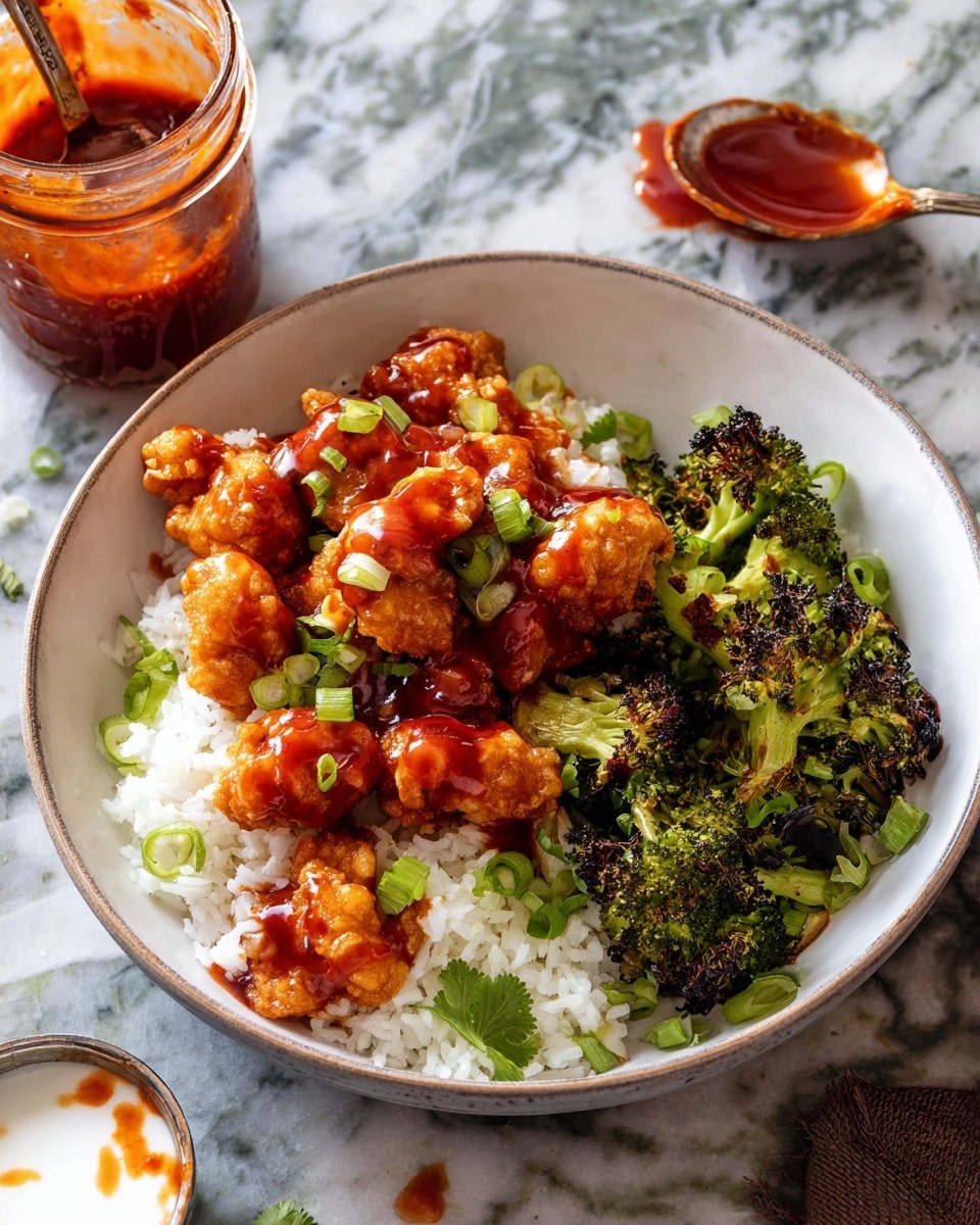 A white bowl filled with a base layer of white rice, topped with pieces of crispy golden-brown fried chicken coated in a shiny reddish sauce. Around the chicken and rice are charred green broccoli florets and sprinkled chopped green onions. There is also a small amount of fresh green herbs, likely cilantro, near the broccoli. The bowl sits on a white marbled surface with a spoon of red sauce, a jar of the same sauce, and a small cup of white dipping sauce with some red sauce on top nearby. Photo taken with an iphone --ar 4:5 --v 7