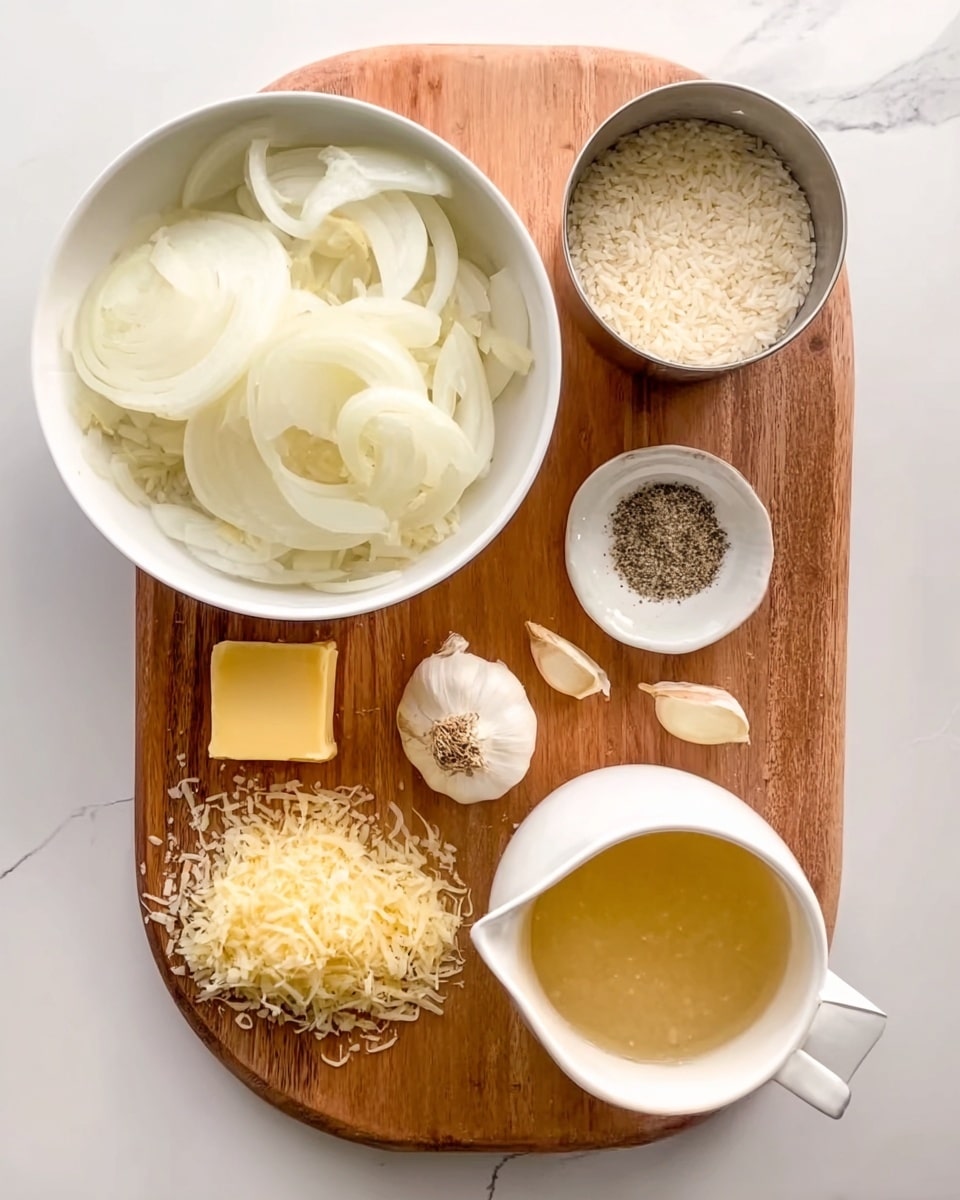 A wooden board on a white marbled surface holds several cooking ingredients arranged neatly: a white bowl filled with sliced white onions sits on the left, to the top left a small metal pot contains uncooked white rice, on the top right a small white bowl contains salt and black pepper, two garlic cloves rest on the board just beneath this bowl, a small square piece of yellow butter is placed to the right too, below the butter is a small pile of shredded pale yellow cheese, and to the bottom right a white measuring jug filled with light yellowish broth is set on the white marbled surface. photo taken with an iphone --ar 4:5 --v 7