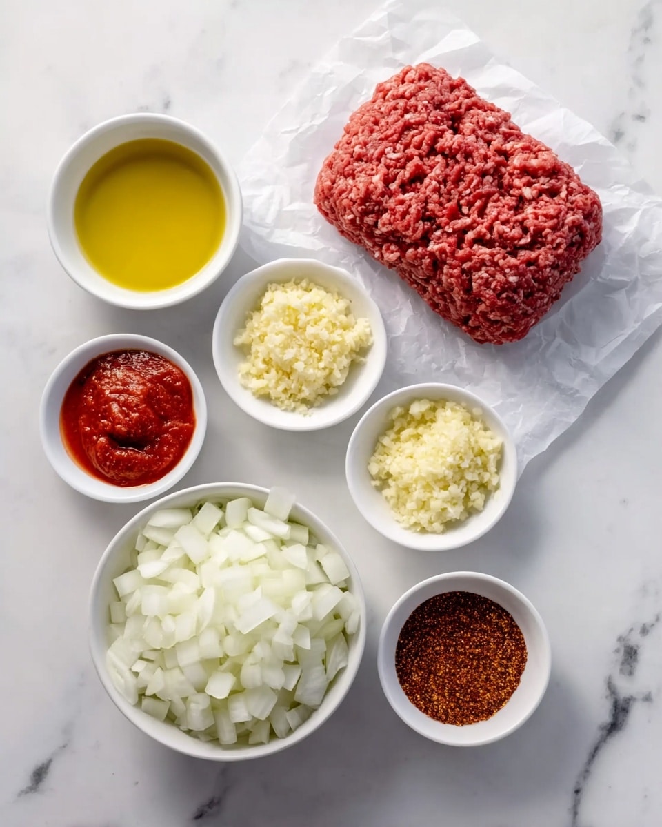 The image shows six small white bowls and one portion of raw ground meat arranged neatly on a white marbled surface. The largest bowl in the bottom left is filled with finely chopped white onions, which have a translucent, crisp texture. To its right and slightly above, there is a rectangular portion of red raw ground meat on white parchment paper. Above the meat and to the right is a small bowl filled with minced garlic, which looks pale yellow and finely chopped. In the center, a small bowl contains a bright red, smooth paste resembling tomato paste. Upper left holds a small bowl of clear golden-yellow oil, and the top middle bowl is filled with reddish-brown dry spices, showing a grainy texture. Everything is clearly separated and displayed in a clean, organized way. Photo taken with an iphone --ar 4:5 --v 7