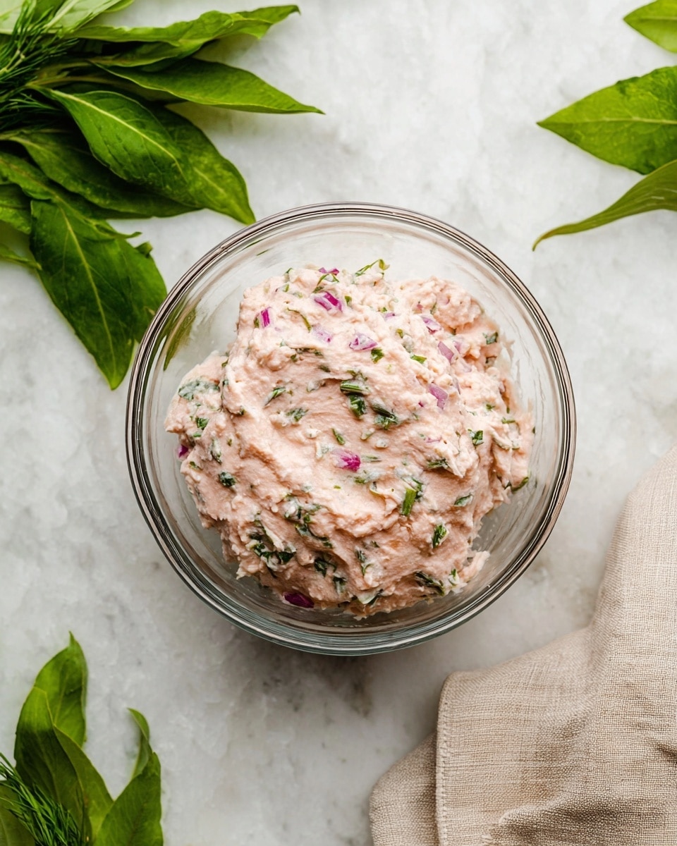 In the image, there is a clear glass bowl filled with a soft, pale pink mixture that has a slightly chunky texture. The mixture is speckled with small bits of green herbs and tiny pieces of purple onion scattered throughout. The bowl sits on a white marbled surface, and around it, there are fresh green herb leaves placed casually to the left and the upper right side, adding a fresh touch to the scene. A beige cloth is partly visible at the bottom right corner. photo taken with an iphone --ar 4:5 --v 7