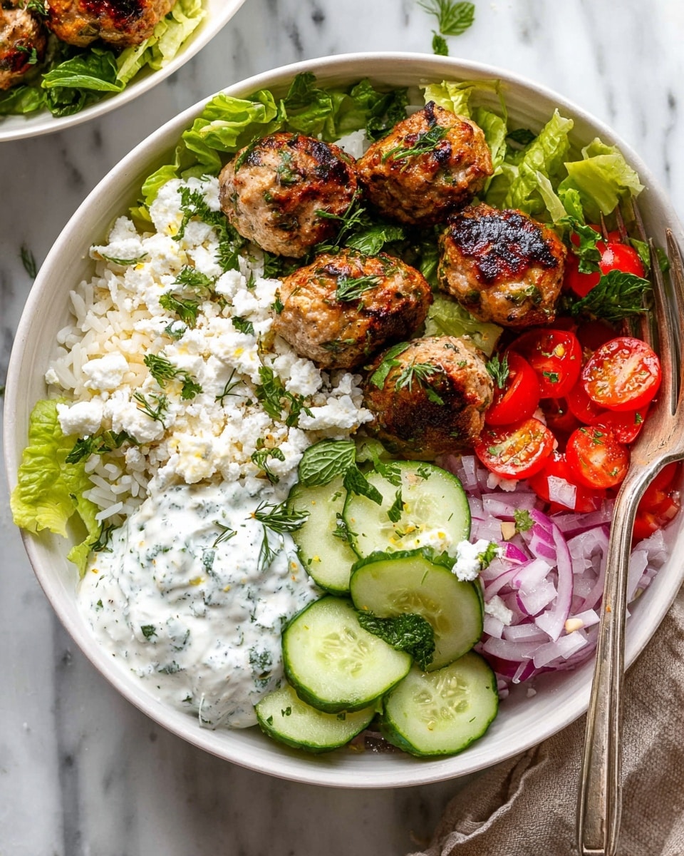 A white bowl filled with several layers starting with a bed of fresh green lettuce at the bottom. On top, there are golden-brown grilled meatballs clustered on the left side, surrounded by crumbled white cheese. To the right of the meatballs, there are bright red cherry tomato halves layered over some chopped red onions and white rice. Below the meatballs, sliced green cucumbers are topped with white cheese crumbs and green herbs. A creamy white sauce with small green herb bits is spooned on the left bottom corner of the bowl. The bowl sits on a white marbled surface with a silver fork resting inside the bowl on the right side. Photo taken with an iphone --ar 4:5 --v 7