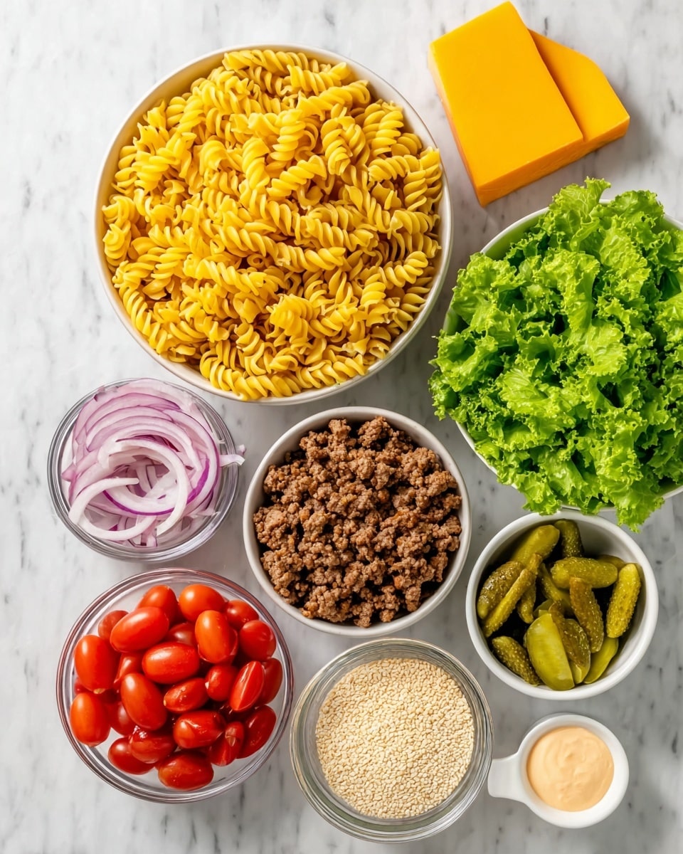 The image shows seven bowls and one block of shredded cheddar cheese arranged on a white marbled surface. The largest bowl, in the top center, is filled with bright yellow spiral pasta. To its right is a bowl full of fresh green curly lettuce leaves. Below the pasta bowl and left of the lettuce is a bowl filled with cooked ground brown meat. Below the meat is a small white bowl filled with light beige sesame seeds. To the left of the sesame seeds is a clear bowl with slices of red onion. Above that is another clear bowl containing red grape tomatoes, some whole and some sliced in half, showing their juicy interior. Above and left of the tomatoes is a small white bowl filled with small green pickle slices. To the far left is a small white ramekin bowl with a light orange creamy sauce. In the bottom left corner, partially cropped, is an orange block of shredded cheddar cheese. The arrangement is neat, with vibrant colors and textures visible in each bowl. photo taken with an iphone --ar 4:5 --v 7