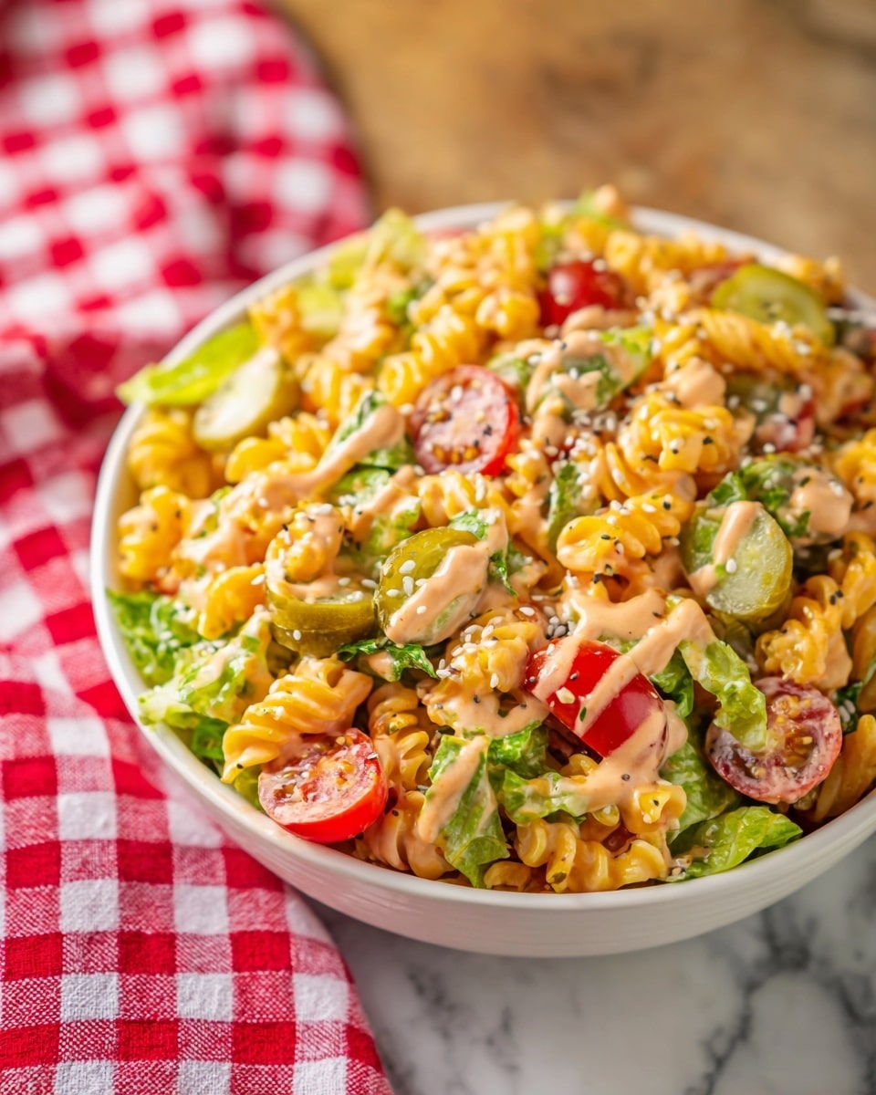 A white bowl filled with a colorful pasta salad sits on a white marbled surface with a red and white checkered cloth nearby. The salad has three main visible layers: the base layer is curly yellow pasta twists, mixed with small pieces of green lettuce. Scattered throughout are halved shiny red cherry tomatoes and small slices of green pickles. The top layer is a light orange creamy dressing drizzled evenly over the salad, with white sesame seeds sprinkled on top, adding texture. Photo taken with an iphone --ar 4:5 --v 7