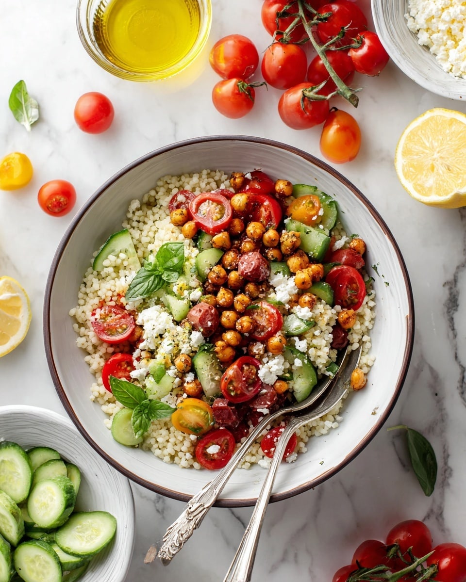 Cherry Tomato Couscous Salad with Roasted and Fresh Tomatoes, Feta, and Chickpeas Recipe