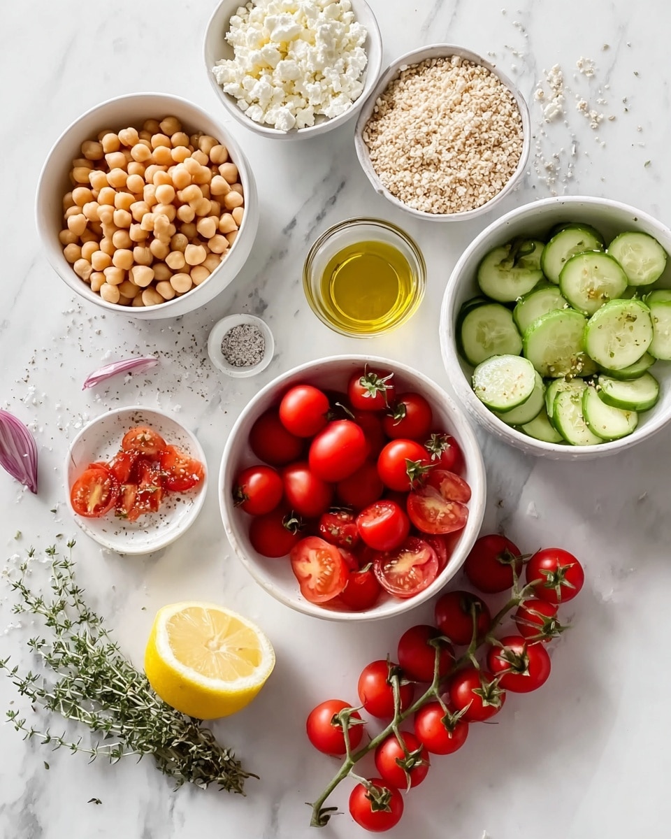 The image shows nine different white bowls and dishes placed on a white marbled surface. In the top left bowl are beige chickpeas, next to it on the right is another white bowl filled with small white grains. Below them, a small white dish holds crumbled white cheese, and next to that is a small glass container with golden olive oil. In the center, a white bowl contains small round red tomatoes with green stems. To the right, there is a bowl with many sliced green cucumber rounds. Below, a halved lemon lies directly on the surface, and a small bunch of green thyme sprigs rests nearby. Bright red cherry tomatoes still attached to green vines are scattered around the bowls, adding more red color to the scene. The photo taken with an iphone --ar 4:5 --v 7