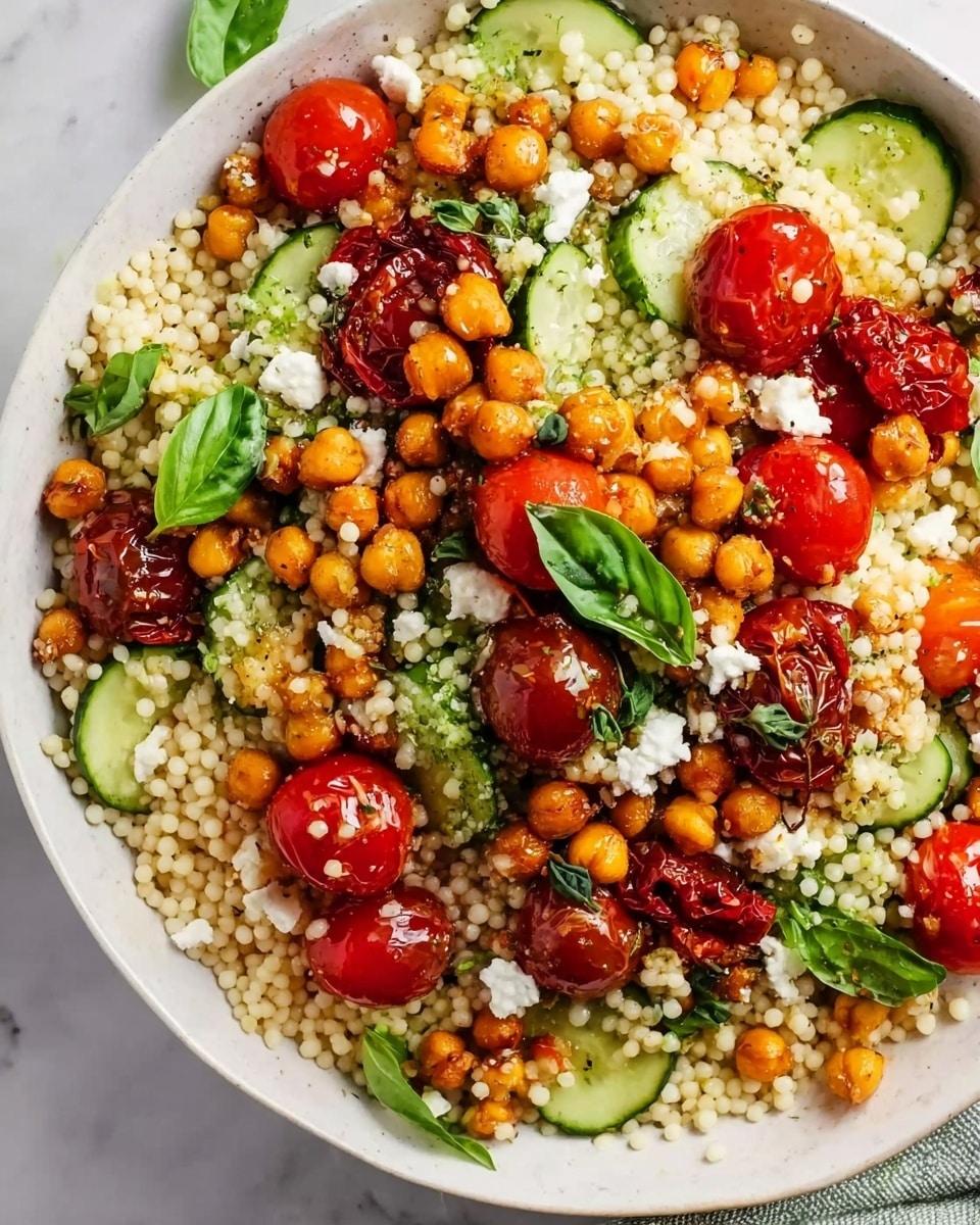 The image shows a white bowl filled with a fresh couscous salad on a white marbled surface. The salad has small, round couscous grains forming the base layer, mixed with cherry tomatoes, some whole and some halved, in bright red and deep roasted red colors scattered throughout. There are thin slices of green cucumber layered evenly, along with crispy chickpeas that add a golden orange color. Fresh green basil leaves and small white cheese crumbles are sprinkled on top, adding contrast. The overall look is colorful with textures from soft couscous, juicy tomatoes, crunchy chickpeas, and leafy herbs, creating a vibrant and appealing dish. Photo taken with an iphone --ar 4:5 --v 7
