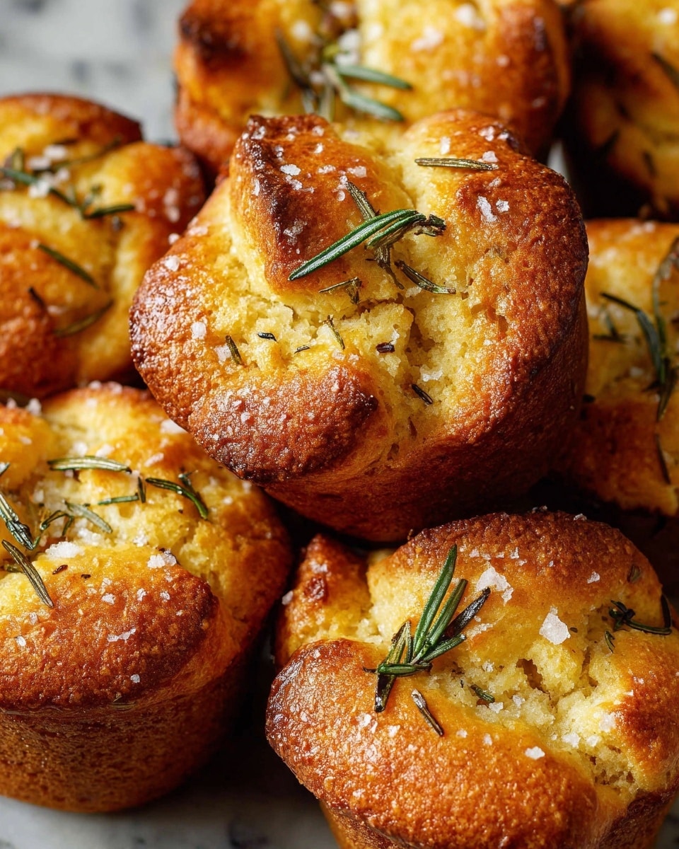 The image shows a close-up of several golden brown savory muffins with a slightly crispy crust and soft, fluffy tops. Each muffin is seasoned with coarse salt crystals and small pieces of green rosemary scattered across the surface. The muffins have a rich, warm color with darker brown edges and lighter yellow centers, giving a fresh baked look. The texture looks airy and slightly bumpy, with some muffins showing cracks and folds on top. The background is a white marbled surface. Photo taken with an iphone --ar 4:5 --v 7