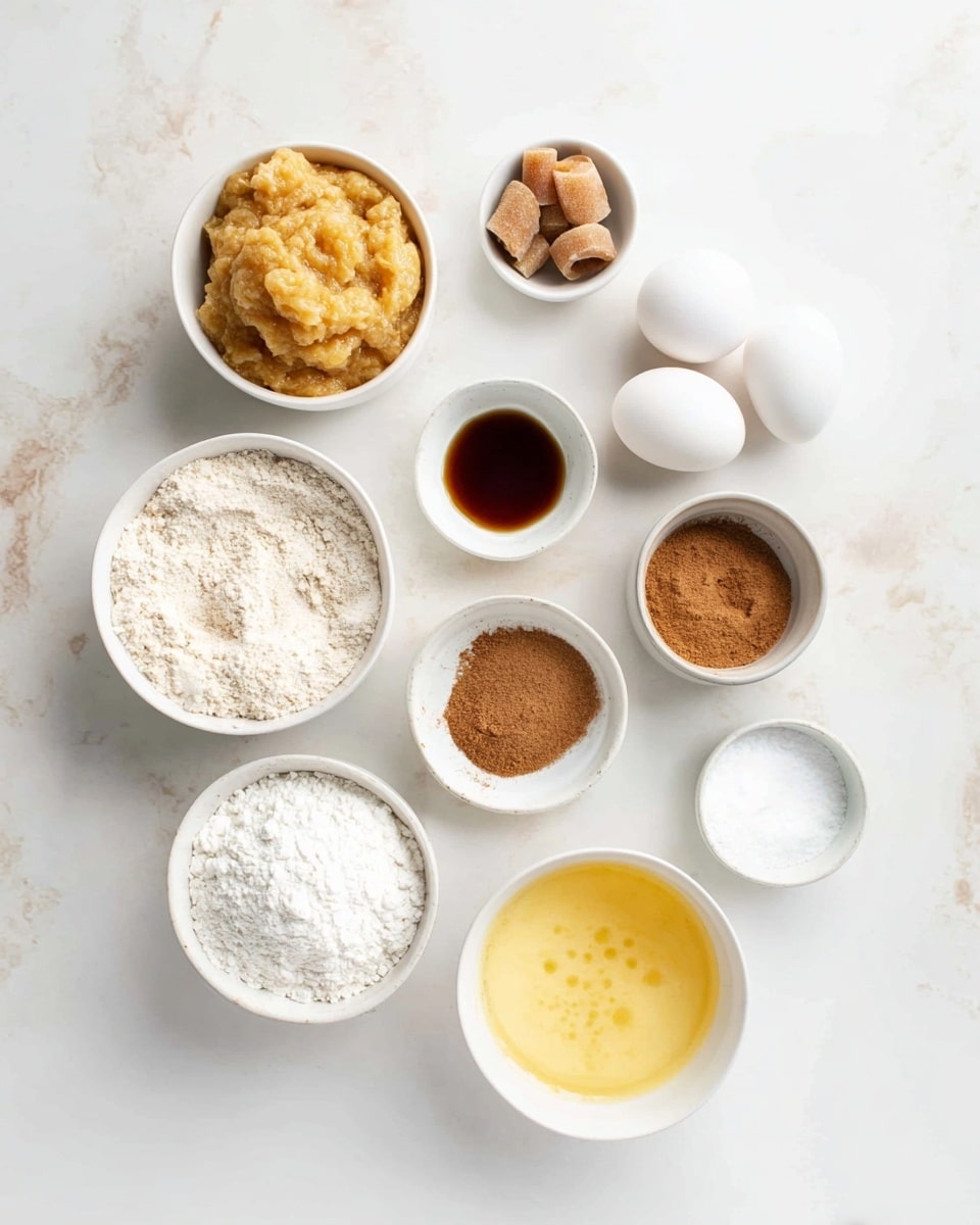 This image shows nine small white bowls arranged neatly on a white marbled surface. The top left bowl contains mashed bananas with a soft, chunky texture and a light yellow-brown color. To the right, a bowl holds two white eggs with smooth shells. Below the eggs is a tiny bowl with a dark brown liquid, likely vanilla extract. Next to it is a bowl with three small, rolled pieces of brown sugar. On the bottom left, a bowl is filled with white flour, fluffy and powdery. Above it is a bowl with brown cinnamon powder, finely ground. In the center is a bowl of white granulated sugar with a smooth texture. Below that is a bowl with melted butter, golden yellow and slightly frothy on top. The last bowl, on the bottom right, contains a white powder, likely baking soda or baking powder. The bowls are spaced evenly, and the image has soft natural lighting. Photo taken with an iphone --ar 4:5 --v 7