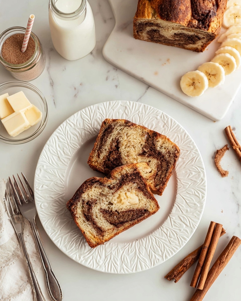 The image shows two slices of cinnamon swirl bread on a white plate with a textured leaf pattern. The bread has a golden brown crust with dark cinnamon swirls inside, creating a marbled effect. To the top right, there is a loaf of the same bread on a white marble cutting board, with visible banana slices on top. Near the plate, there are two silver forks crossed. To the left, a small glass bowl with three pieces of butter and a glass bottle with milk and a striped straw are visible. A small glass jar with cinnamon sugar is also present near the top left. At the bottom right, three cinnamon sticks lay on the white marbled surface. The photo taken with an iphone --ar 4:5 --v 7