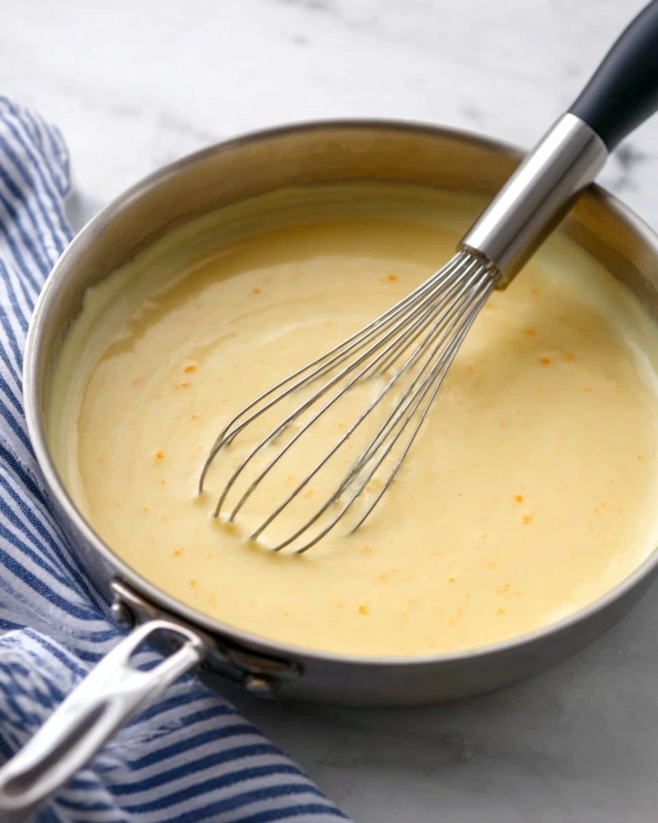 A close-up view of a silver cooking pan filled with a smooth, pale yellow sauce with a few tiny orange specks, stirred gently by a metal whisk with a black handle. The pan is placed on a white marbled surface, and a blue and white striped cloth is seen folded in the background. The sauce looks creamy and thick but easy to mix, with the whisk slightly lifting from the center of the pan. photo taken with an iphone --ar 4:5 --v 7