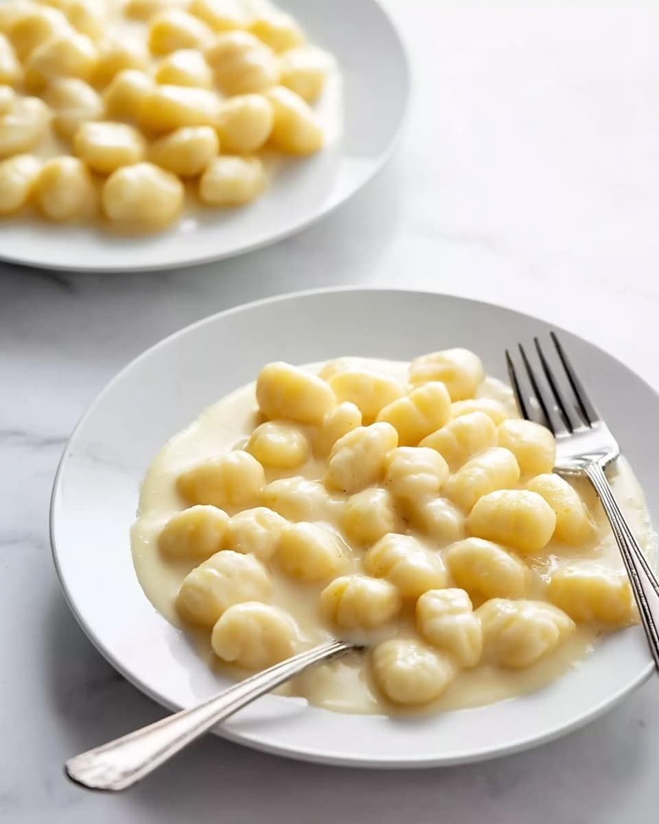 The image shows two white plates on a white marbled surface, each filled with small, soft gnocchi pieces covered evenly in a creamy, pale yellow sauce. Both plates have silver forks resting partly on their edges, with one fork slightly pushed into the sauce in the foreground plate. The creamy sauce has a smooth texture, giving the gnocchi a shiny, moist look, and the background plate is softly out of focus, drawing attention to the closer plate of food. Photo taken with an iphone --ar 4:5 --v 7