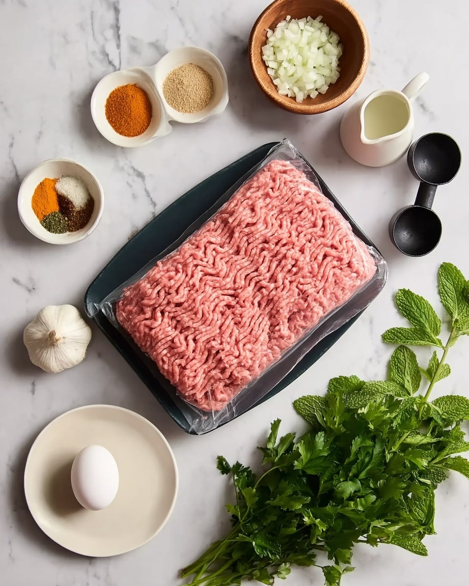 A flat rectangular package of raw ground meat with a pink color and textured surface sits in the center on a white marbled surface. Surrounding it are various ingredients: a white bowl with different colorful spices layered side by side of orange, beige, and brown shades, a small wooden bowl filled with chopped white onions, and a white bowl holding a pale tan-colored ingredient. A white plate with a single white egg is placed near the bottom left, with a cluster of fresh green parsley below it. Near the top right, a bunch of fresh mint leaves, a whole bulb of garlic, and a small white pitcher of milk are arranged. Three black measuring spoons are placed above the meat package. Photo taken with an iphone --ar 4:5 --v 7