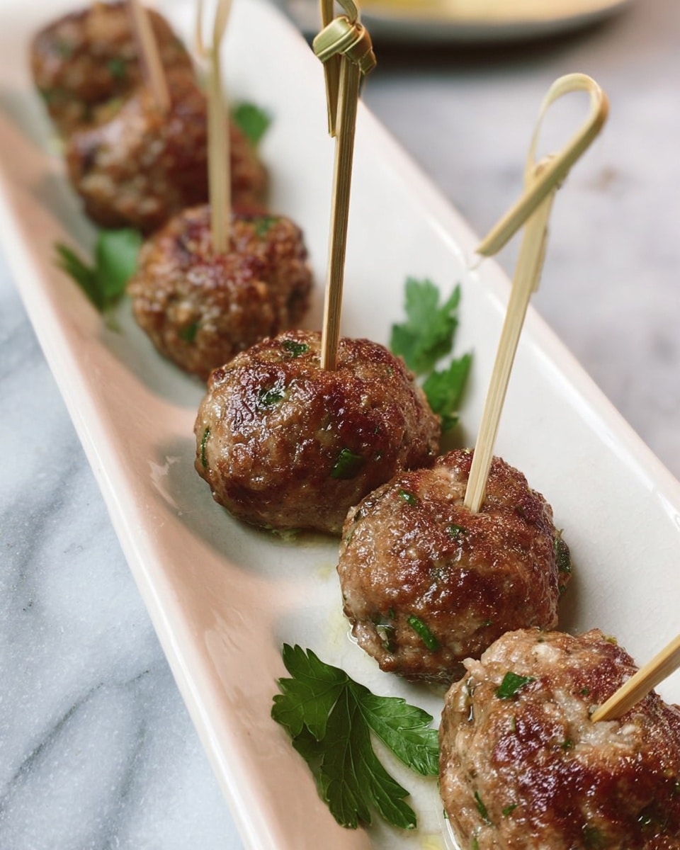 A long white plate holds several round meatballs speckled with green herbs, each pierced with a wooden skewer tied at the top. The meatballs look well cooked with a slightly rough texture. Small green parsley leaves are placed around some meatballs on the plate. The plate sits on a surface with a white marbled texture. photo taken with an iphone --ar 4:5 --v 7