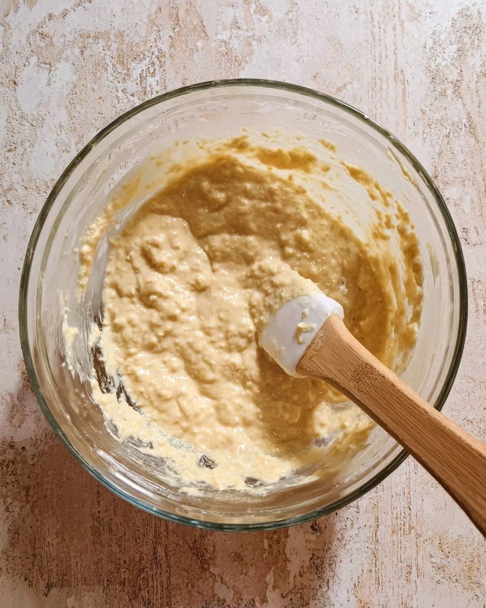 A clear glass mixing bowl contains a thick, pale yellow batter with small lumps visible throughout, giving it a textured surface. Inside the bowl, near the right edge, is a wooden spatula with a white silicone head, partially covered in batter. The bowl sits on a white marbled texture surface. The lighting softly highlights the batter’s creamy yet slightly bumpy consistency. photo taken with an iphone --ar 4:5 --v 7