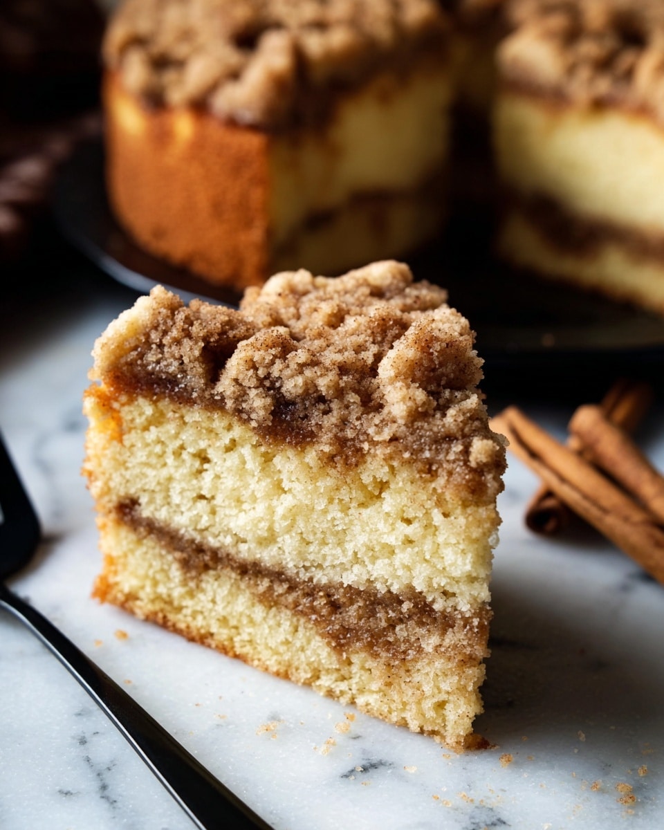 This image shows a slice of crumb cake with three layers: the bottom layer is a dense, light golden cake, the middle layer is a thin, darker swirl that looks like cinnamon or brown sugar, and the top layer is a thick crumbly topping with chunks of brown streusel in different sizes. The crumb cake slice is placed on a white marbled surface with a black fork in front. In the background, the rest of the crumb cake sits on a black plate, with a blurred cinnamon stick nearby. The light highlights the crumbly texture and warm colors of the cake. photo taken with an iphone --ar 4:5 --v 7
