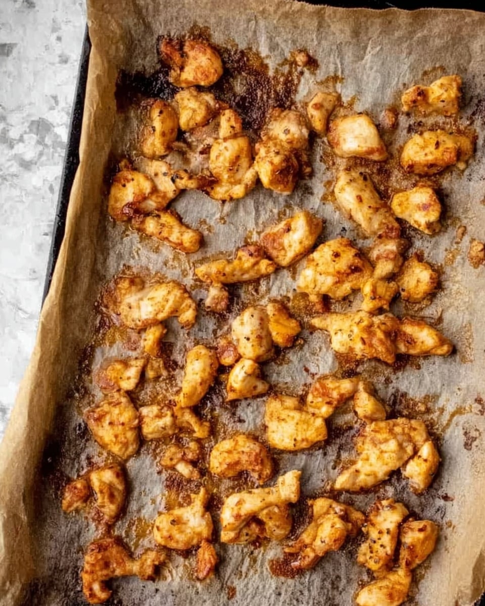 The image shows a single layer of small, cooked chicken pieces scattered across a baking sheet lined with brown parchment paper. The chicken pieces are golden brown with some darker, crispy edges, showing a slightly rough and textured surface with visible seasoning. The baking sheet beneath looks metallic and used, with some areas showing browned oil or juice stains from cooking. The background is a white marbled texture. photo taken with an iphone --ar 4:5 --v 7