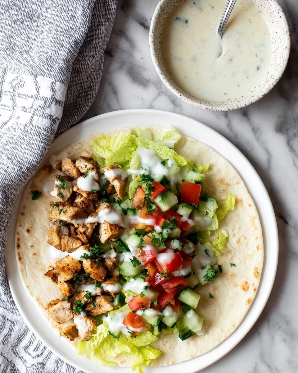 The image shows a white plate holding an open flatbread wrap with three visible layers. The base layer is pale flatbread, topped with a fresh layer of chopped green lettuce. On top of the lettuce is a colorful mix of diced red tomatoes, green cucumber pieces, and finely chopped parsley, creating a vibrant contrast. The top layer consists of browned, cooked chicken pieces scattered on one side of the wrap, lightly drizzled with a creamy white sauce. Nearby, a small white bowl with a slightly speckled texture contains more of the creamy white sauce with a small silver spoon inside. The background surface is a white marbled texture, with a soft gray patterned cloth partially visible near the bowl. Photo taken with an iphone --ar 4:5 --v 7