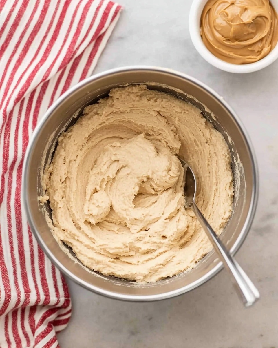 A silver metal bowl filled with creamy beige dough that has a smooth and slightly lumpy texture. A silver spoon is resting in the dough, partially buried in the center, with a small swirl pattern formed around it. Next to the bowl, on a white marbled surface, there is a small white bowl containing a light brown peanut butter-like substance. In the top left corner, a woman's hand is holding a red and white striped cloth. photo taken with an iphone --ar 4:5 --v 7