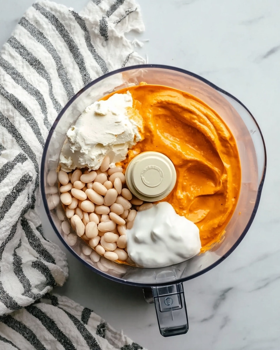 A clear food processor bowl with four distinct layers inside shows white beans on the left side, soft cream cheese in white on top, bright orange sauce on the right, and a dollop of white yogurt at the bottom. The food processor is placed on a white marbled surface with a white and black striped cloth next to it. The photo taken with an iphone --ar 4:5 --v 7