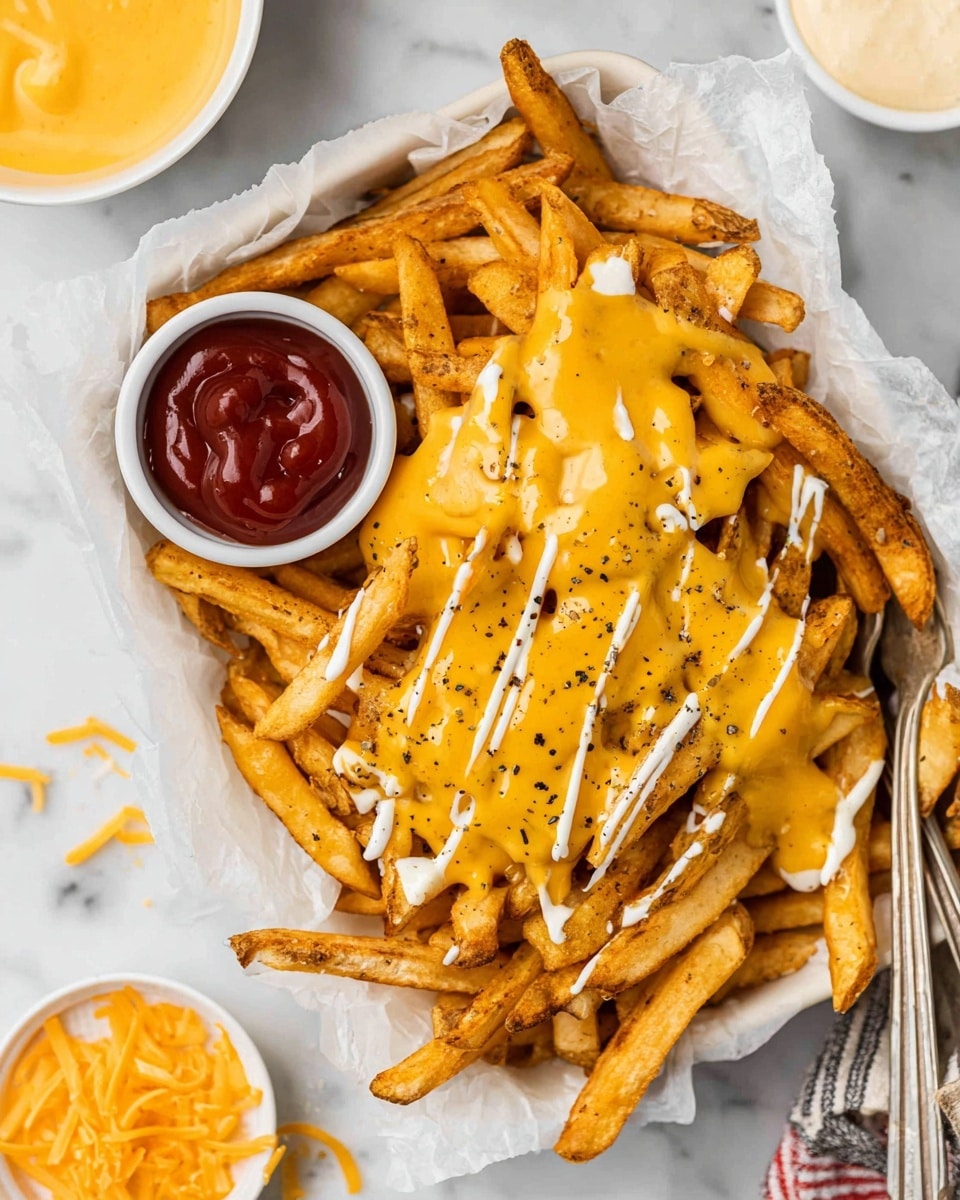 A white dish lined with white parchment paper holds a large pile of golden-brown fries covered with a smooth, bright yellow cheese sauce and drizzled with a white creamy sauce, sprinkled lightly with black pepper. On the side of the fries, there is a small white bowl filled with deep red ketchup. The background is a white marbled surface with a small bowl of yellow cheese sauce and some shredded orange cheese near the forks at the bottom left corner. photo taken with an iphone --ar 4:5 --v 7