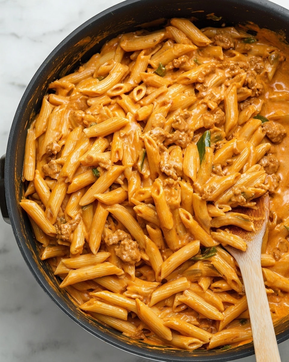 A close-up view of a black pan filled with pasta coated in a creamy orange sauce. The pasta is penne, and the sauce is thick and smooth, covering each piece well. There are small pieces of light brown meat and green vegetable bits mixed throughout the pasta. A wooden spoon rests on the right side of the pan, partly covered by the pasta. The pan sits on a surface with a white marbled texture. photo taken with an iphone --ar 4:5 --v 7