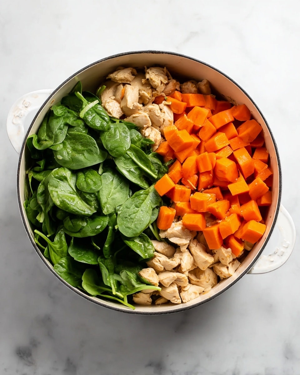 A round white pot is placed on a white marbled surface, filled with three main layers of ingredients. On the left side, there is a pile of fresh bright green spinach leaves with smooth texture. To the right of the spinach, there are many small chunks of bright orange carrots, neatly grouped. Below the spinach and carrots in the center, there are pieces of light tan colored cooked chicken with a soft texture. The layers are clearly divided with each ingredient visible from above. photo taken with an iphone --ar 4:5 --v 7
