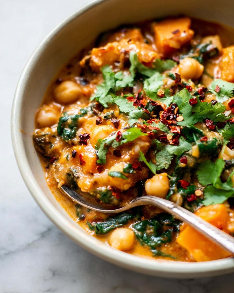 A close-up of a thick stew served in a white bowl, sitting on a white marbled surface. The stew shows chunks of orange sweet potatoes mixed with white chickpeas, all covered in a creamy orange sauce with green bits of chopped spinach and fresh cilantro on top. Red chili flakes are sprinkled over the cilantro, adding a touch of red. A silver spoon is partially inside the stew on the right side of the bowl, its handle resting on the edge. The colors are warm and vibrant, with a mix of orange, green, and white. Photo taken with an iphone --ar 4:5 --v 7