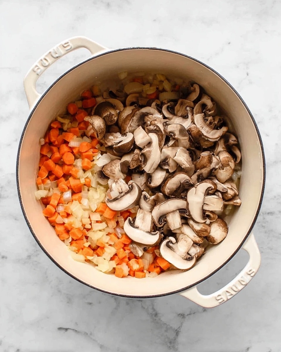 A white pot with two handles sits on a white marbled surface. Inside the pot, there are two main layers of chopped ingredients. The bottom layer is made of small pieces of orange carrots and pale yellow onions mixed together. On top of this layer, on the right side and spreading toward the middle, is a bigger layer of sliced brown mushrooms with a soft texture. The colors of the mushrooms contrast well with the carrot and onion layer below. Photo taken with an iphone --ar 4:5 --v 7