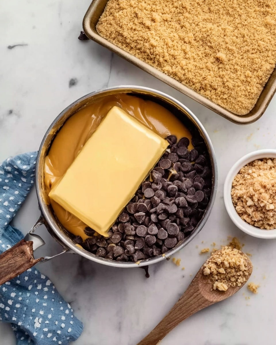 The image shows a cooking pot sitting on a white marbled surface. Inside the pot, there are three layers: at the bottom are dark chocolate chips, some of them loose around the pot; a thick square of butter rests on top of the chips on the left side; covering the chocolate and butter is a smooth, shiny layer of creamy caramel with a rich yellow color. To the top left, there is a large rectangular baking dish filled with a crumbly golden crust. Near the baking dish, a small white bowl is filled with crushed nuts and crumbs. A wooden spoon with a natural grain rests on the surface to the right of the pot. A small blue cloth with white dots is partially visible at the bottom left corner. Photo taken with an iphone --ar 4:5 --v 7