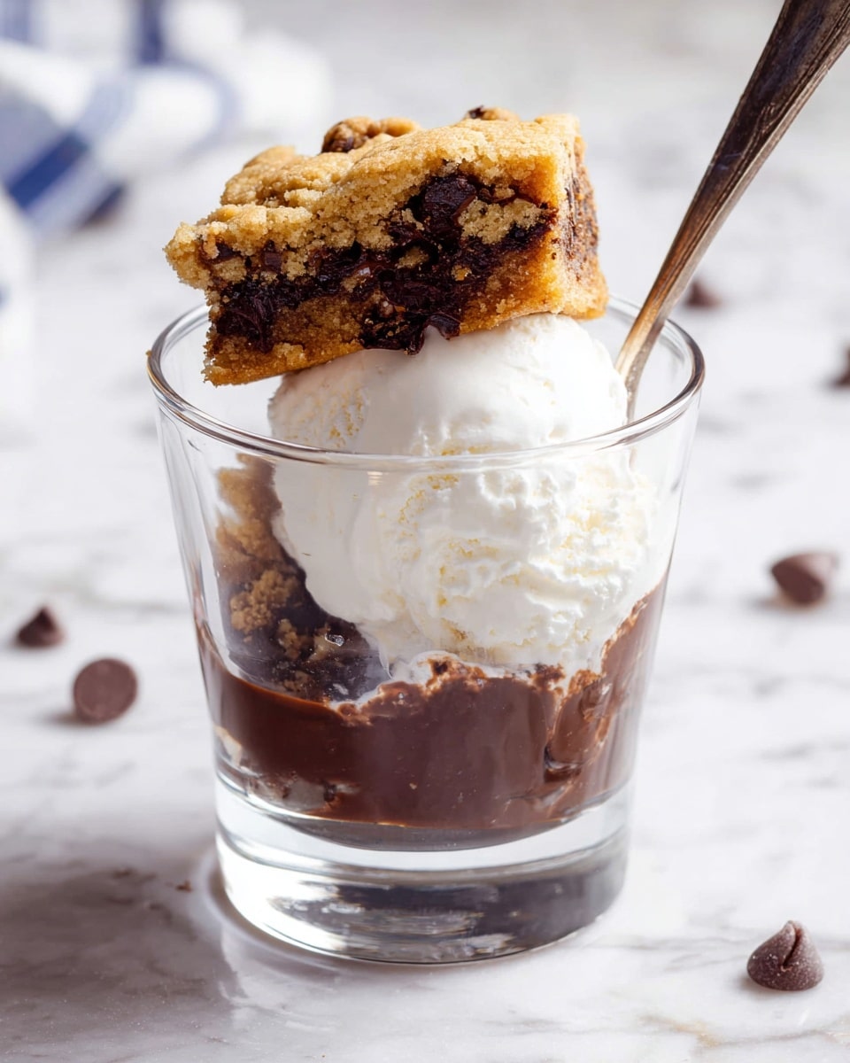 A clear glass dessert cup shows three layers: a bottom layer of dark chocolate pudding with a smooth texture, a middle layer of creamy white vanilla ice cream that looks soft and cold, and a top layer of a thick chunk of chocolate chip cookie bar with a crumbly golden brown color and large chocolate chunks inside. A silver spoon stands inside the cup, leaning against the ice cream and cookie bar. The cup is placed on a white marbled surface with a few chocolate chips scattered around. Photo taken with an iphone --ar 4:5 --v 7