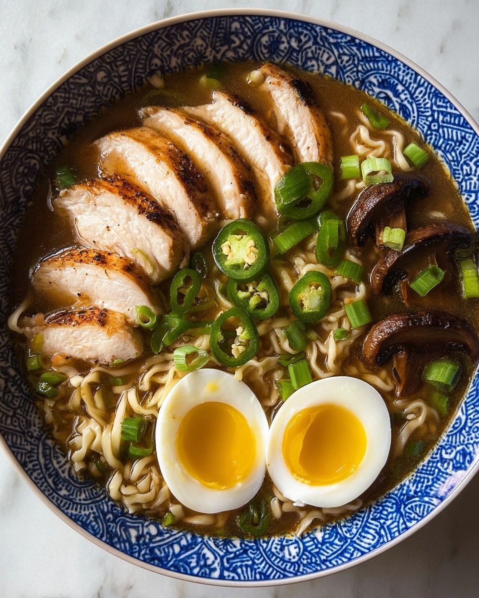 A white bowl with blue patterns is filled with ramen noodles soaked in a clear brown broth. On top, there are five slices of cooked chicken arranged along the left side, showing a golden brown outside and white inside. Two halves of a soft-boiled egg with bright yellow yolks and white edges sit on the right. Several dark brown shiitake mushrooms float near the top edge. Green sliced jalapeños and chopped green onions are scattered on top, adding fresh green color to the dish. The bowl rests on a white marbled surface. photo taken with an iphone --ar 4:5 --v 7