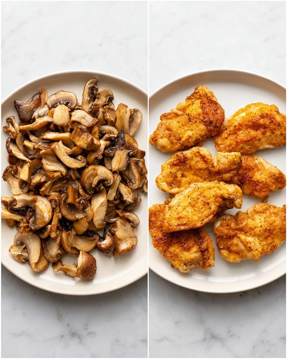 Two white plates sit side by side on a white marbled surface. The left plate is full of small, cooked mushroom slices that are light to dark brown with a slightly shiny texture, spread out unevenly across the plate. The right plate holds five pieces of cooked chicken, golden brown with a crispy texture and visible seasoning on their surface. The chicken pieces are stacked closely together, each showing an uneven shape but similar color tones. photo taken with an iphone --ar 4:5 --v 7